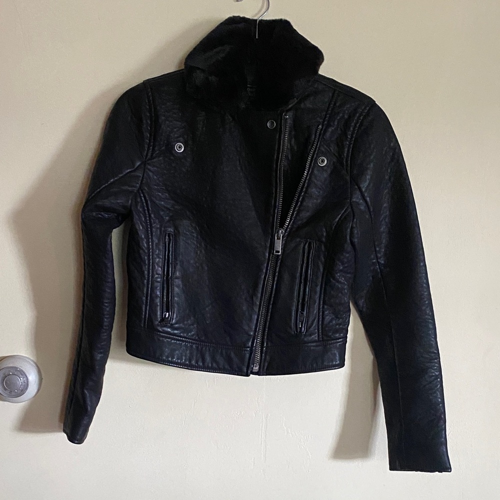 Abercrombie & Fitch Black Faux Leather Jacket with fur collar